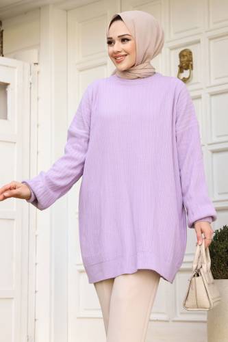 Dikey Çizgi Kabartmalı Triko Tunik TSD240214 Lila - 3