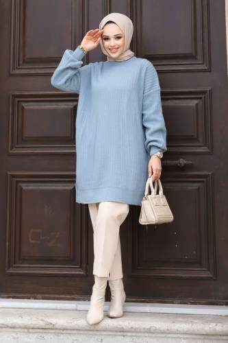 Dikey Çizgi Kabartmalı Triko Tunik TSD240214 Mavi 