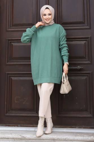Dikey Çizgi Kabartmalı Triko Tunik TSD240214 Mint Yeşili 