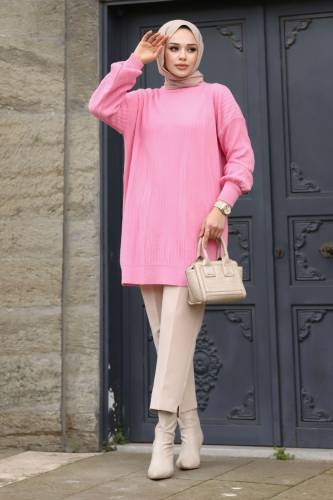 Dikey Çizgi Kabartmalı Triko Tunik TSD240214 Pembe 