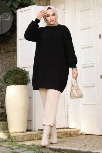 Dikey Çizgi Kabartmalı Triko Tunik TSD240214 Siyah 