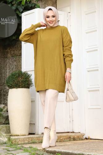 Dikey Çizgi Kabartmalı Triko Tunik TSD240214 Yağ Yeşili 