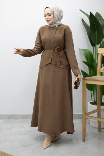 Dikiş Detaylı Düğmeli Etekli Takım TSD260201 Kahverengi 