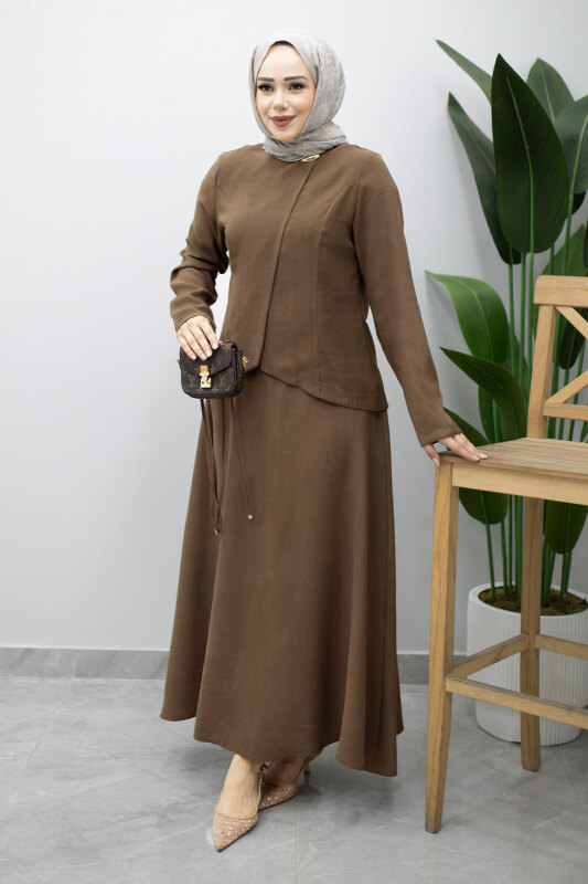 Dikiş Detaylı Düğmeli Etekli Takım TSD260201 Kahverengi - 3