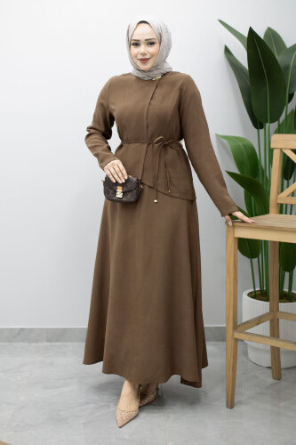 Dikiş Detaylı Düğmeli Etekli Takım TSD260201 Kahverengi - 5