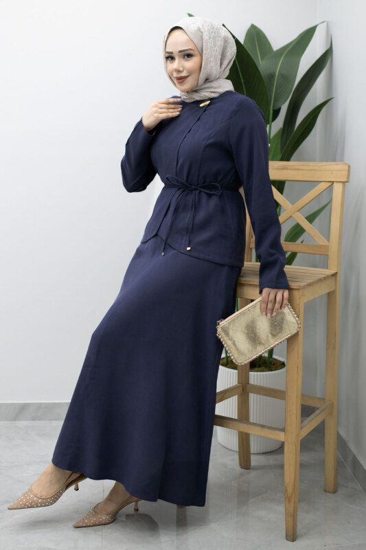 Dikiş Detaylı Düğmeli Etekli Takım TSD260201 Lacivert - 1