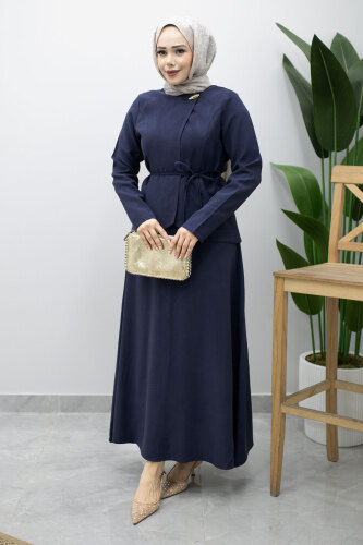 Dikiş Detaylı Düğmeli Etekli Takım TSD260201 Lacivert - 3