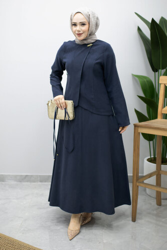 Dikiş Detaylı Düğmeli Etekli Takım TSD260201 Lacivert - 5