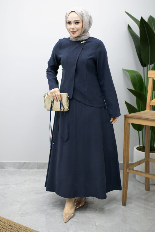 Dikiş Detaylı Düğmeli Etekli Takım TSD260201 Lacivert - 5