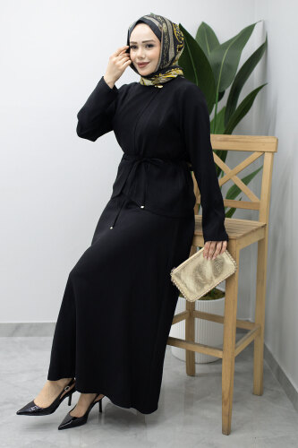 Dikiş Detaylı Düğmeli Etekli Takım TSD260201 Siyah - 3