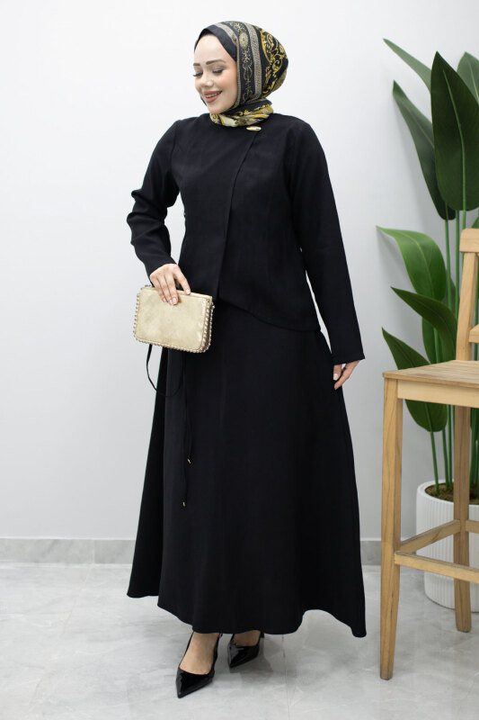 Dikiş Detaylı Düğmeli Etekli Takım TSD260201 Siyah - 5