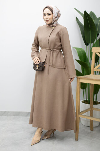 Dikiş Detaylı Düğmeli Etekli Takım TSD260201 Vizon 