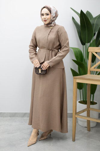 Dikiş Detaylı Düğmeli Etekli Takım TSD260201 Vizon - 3