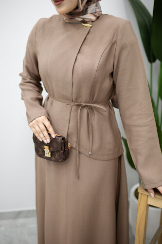 Dikiş Detaylı Düğmeli Etekli Takım TSD260201 Vizon - 4