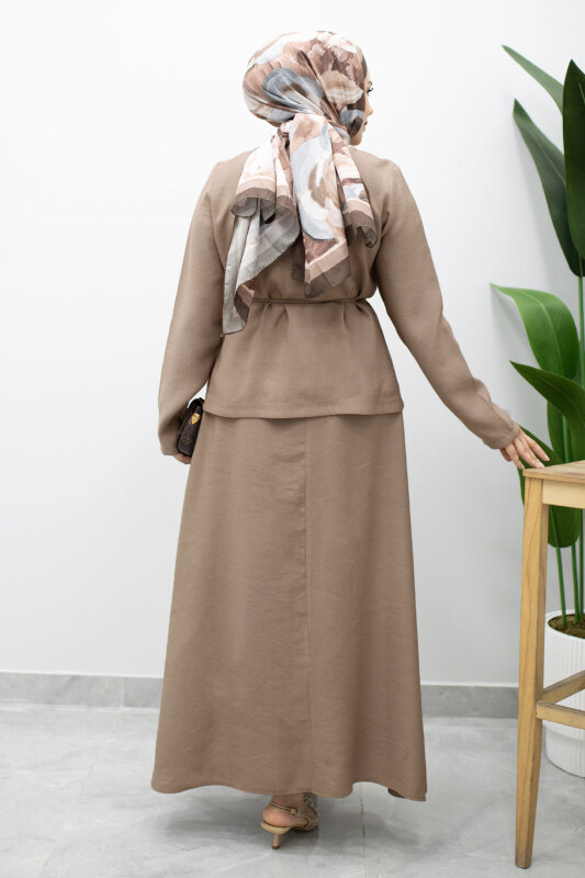 Dikiş Detaylı Düğmeli Etekli Takım TSD260201 Vizon - 6