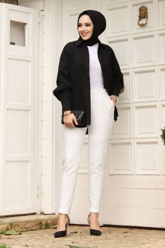 Double Paça Çizgili Havuç Pantolon TSD240114 Beyaz 