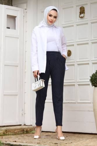 Double Paça Çizgili Havuç Pantolon TSD240114 Lacivert 