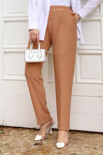Double Paça Çizgili Havuç Pantolon TSD240114 Taba - Tesettür Dünyası (1)