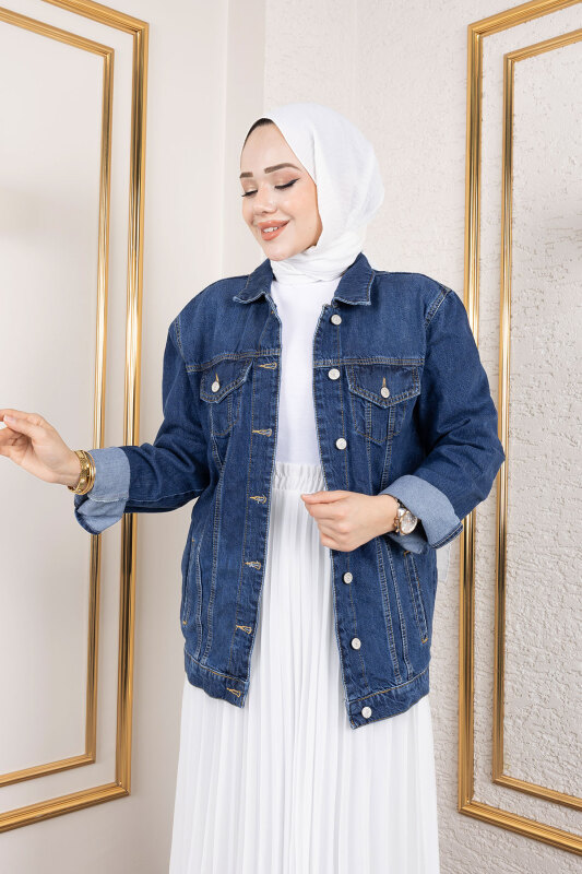 Süs Cepli Denim Ceket TSD250177 Koyu Mavi - Tesettür Dünyası (1)
