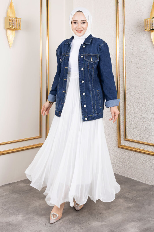 Süs Cepli Denim Ceket TSD250177 Koyu Mavi - Tesettür Dünyası