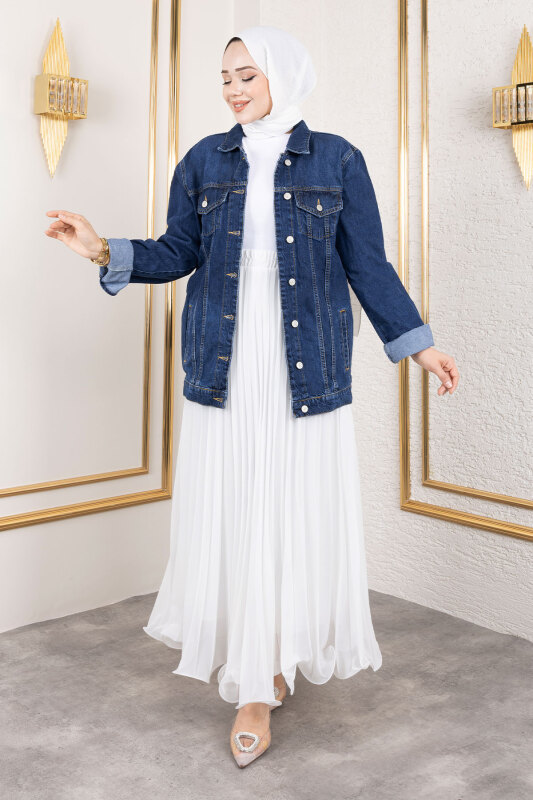 Süs Cepli Denim Ceket TSD250177 Koyu Mavi - 3
