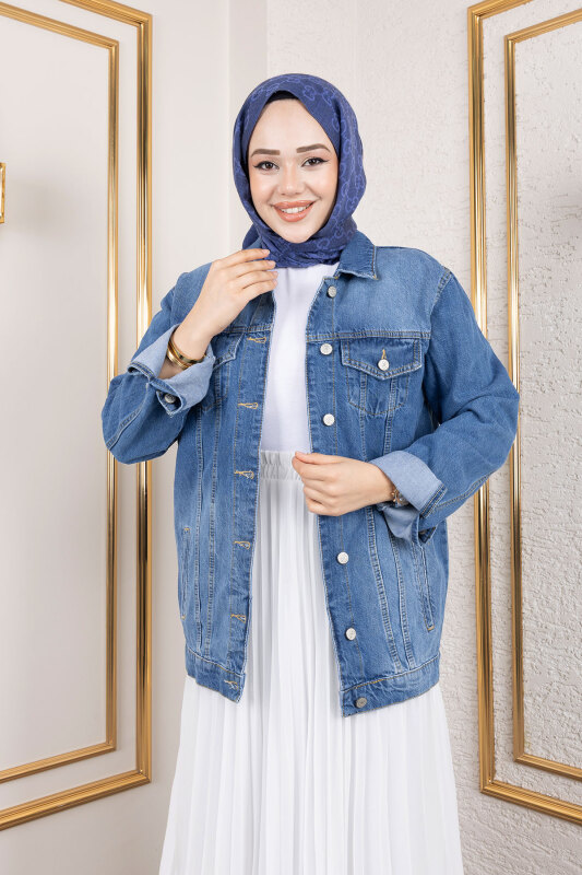 Süs Cepli Denim Ceket TSD250177 Mavi - Tesettür Dünyası (1)