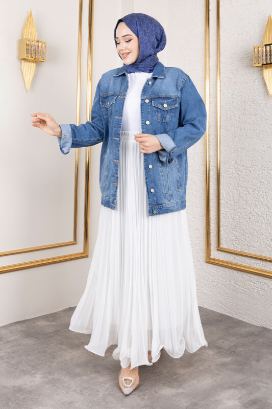 Süs Cepli Denim Ceket TSD250177 Mavi - Tesettür Dünyası