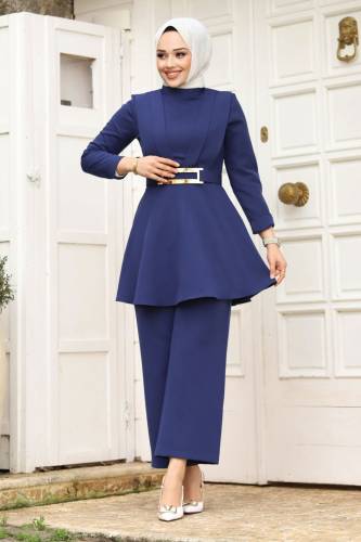 Drape Detaylı Kemerli Krep Takım TSD240248 İndigo 