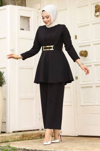 Drape Detaylı Kemerli Krep Takım TSD240248 Siyah 