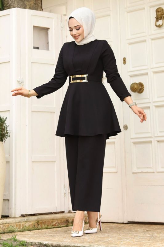 Drape Detaylı Kemerli Krep Takım TSD240248 Siyah - 1