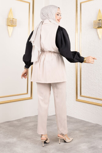 Düğme Detaylı Beli Lastikli Yelekli Takım TSD250190 Bej - 5