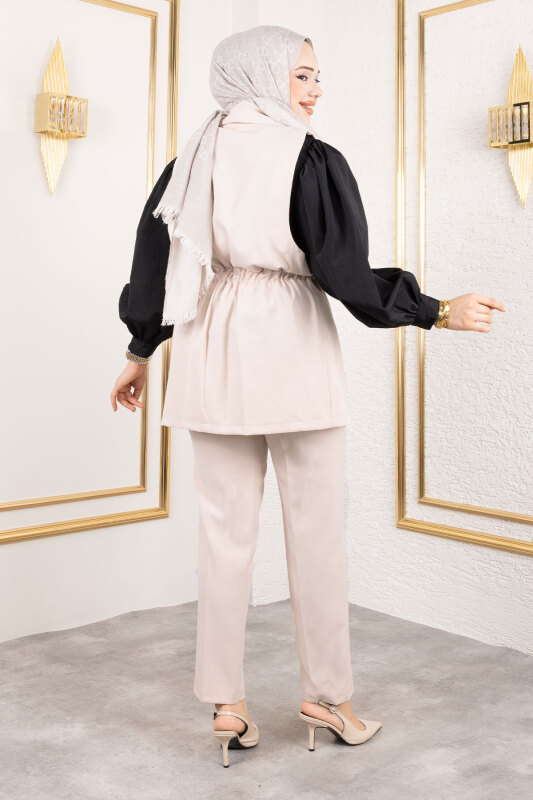 Düğme Detaylı Beli Lastikli Yelekli Takım TSD250190 Bej - 5