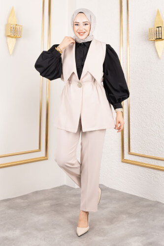 Düğme Detaylı Beli Lastikli Yelekli Takım TSD250190 Bej - 4