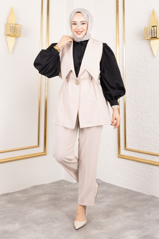 Düğme Detaylı Beli Lastikli Yelekli Takım TSD250190 Bej - 4