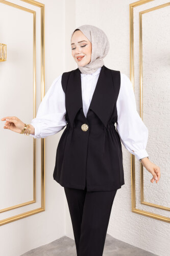 Düğme Detaylı Beli Lastikli Yelekli Takım TSD250190 Siyah - 2