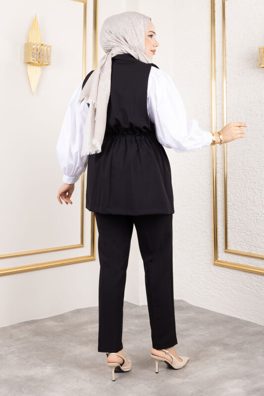 Düğme Detaylı Beli Lastikli Yelekli Takım TSD250190 Siyah - 5