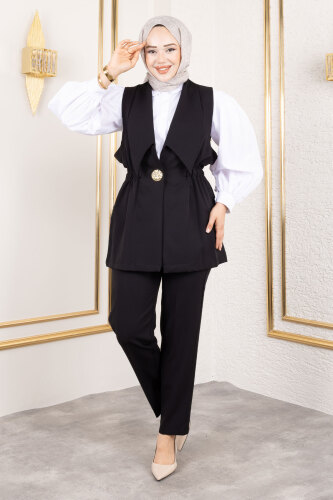 Düğme Detaylı Beli Lastikli Yelekli Takım TSD250190 Siyah - 4
