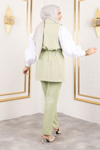 Düğme Detaylı Beli Lastikli Yelekli Takım TSD250190 Yeşil - 5