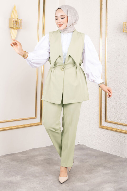 Düğme Detaylı Beli Lastikli Yelekli Takım TSD250190 Yeşil - 4