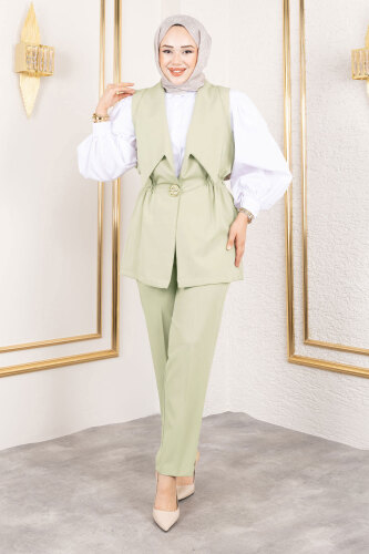 Düğme Detaylı Beli Lastikli Yelekli Takım TSD250190 Yeşil 