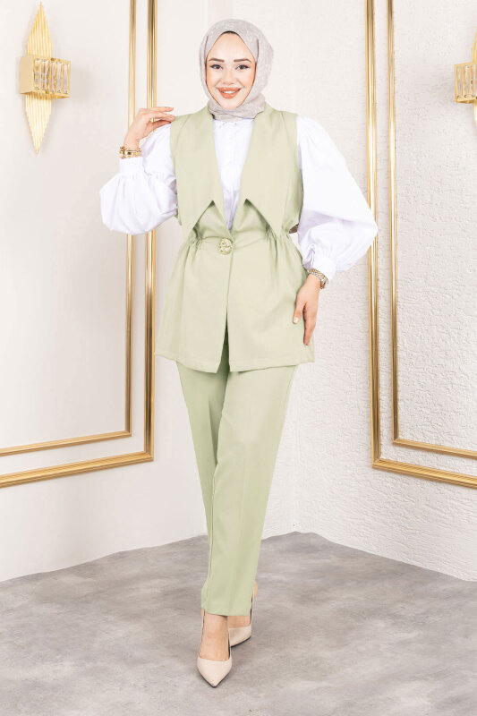 Düğme Detaylı Beli Lastikli Yelekli Takım TSD250190 Yeşil - 1