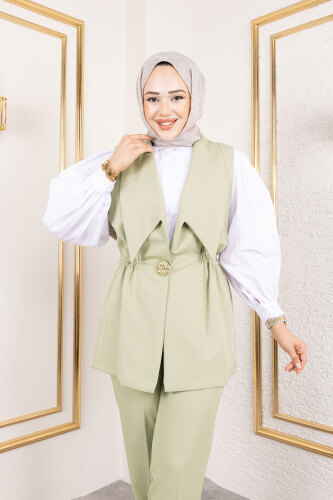 Düğme Detaylı Beli Lastikli Yelekli Takım TSD250190 Yeşil - 2