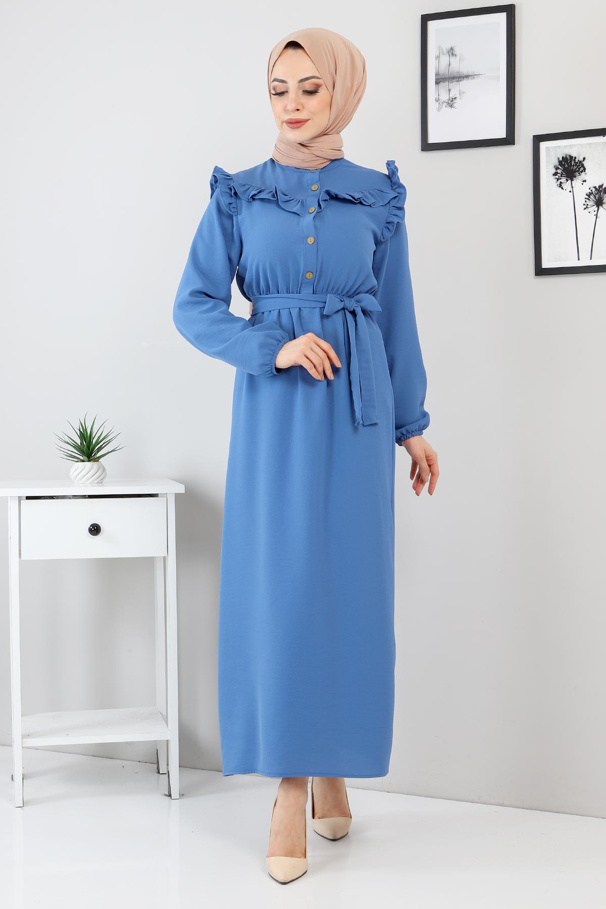 Tesettür Dünyası - Düğme Detaylı Elbise TSD220131 Mavi
