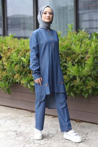 Düğme Detaylı İkili Kot Takım TSD220613 Koyu Mavi - Tesettür Dünyası