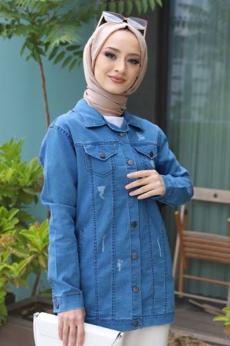 Düğme Detaylı Kot Ceket TSD220604 Mavi - Tesettür Dünyası