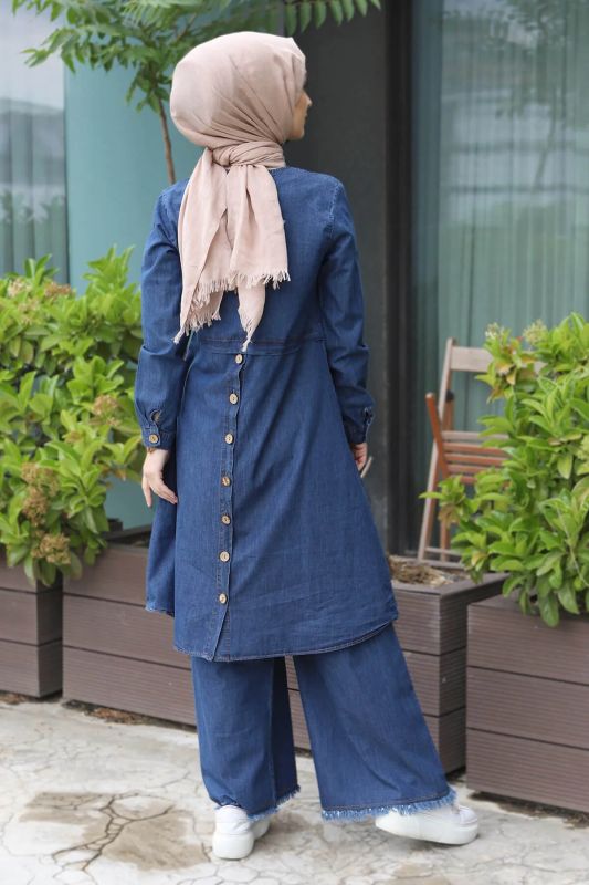 Düğme Detaylı Kot Takım TSD220530 Koyu Mavi - 6