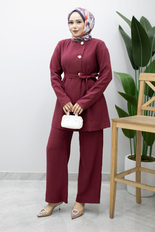 Düğmeli Beli Kuşaklı İkili Takım TSD260200 Fuşya - Tesettür Dünyası