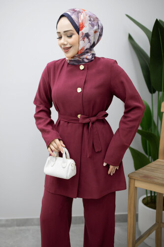 Düğmeli Beli Kuşaklı İkili Takım TSD260200 Fuşya - 2