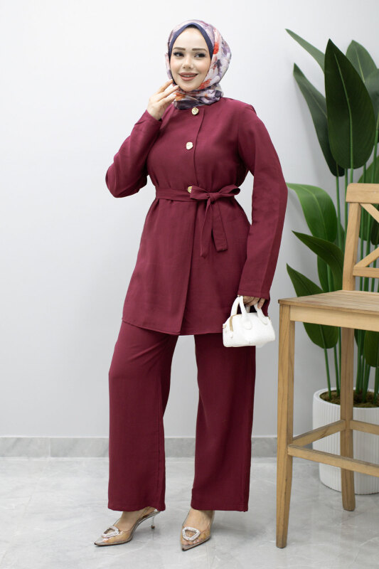 Düğmeli Beli Kuşaklı İkili Takım TSD260200 Fuşya - 3
