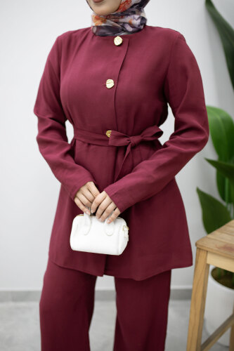 Düğmeli Beli Kuşaklı İkili Takım TSD260200 Fuşya - 4